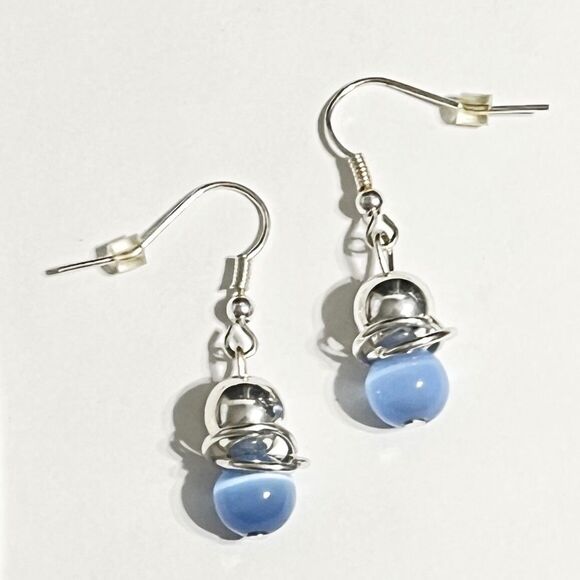 Blue Cats Eye Glass Beaded Necklace Earring Set Silver Tone Rings Demi Parure - Picture 2 of 5